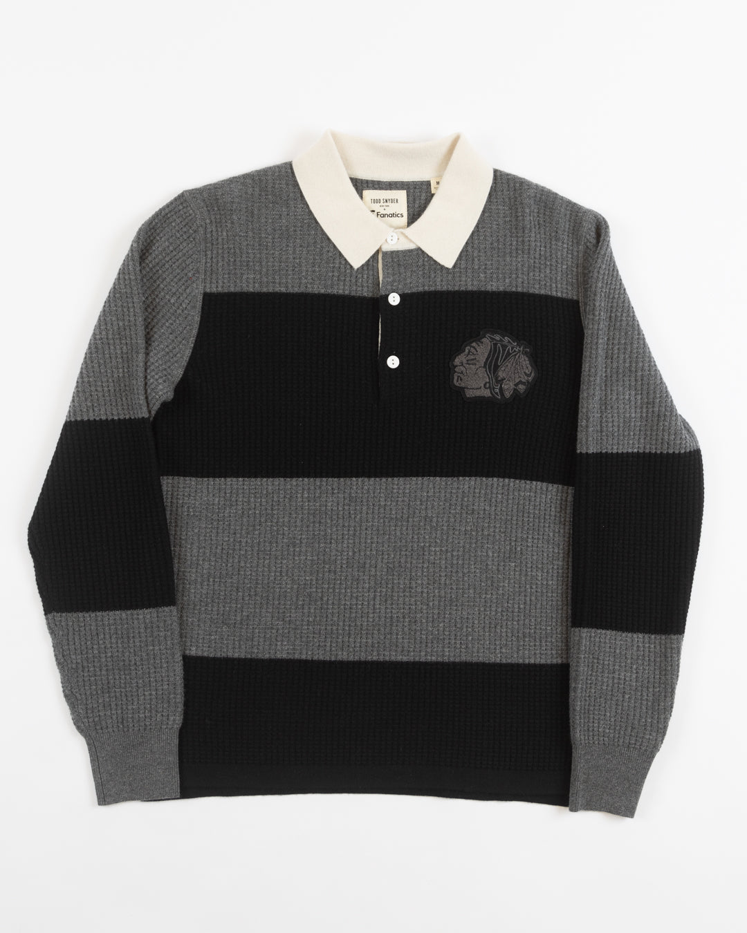 Todd Snyder x Chicago Blackhawks in partnership with Fanatics striped black and grey cashmere rugby polo sweater with vintage chenille Chicago Blackhawks logo on left chest - front lay flat