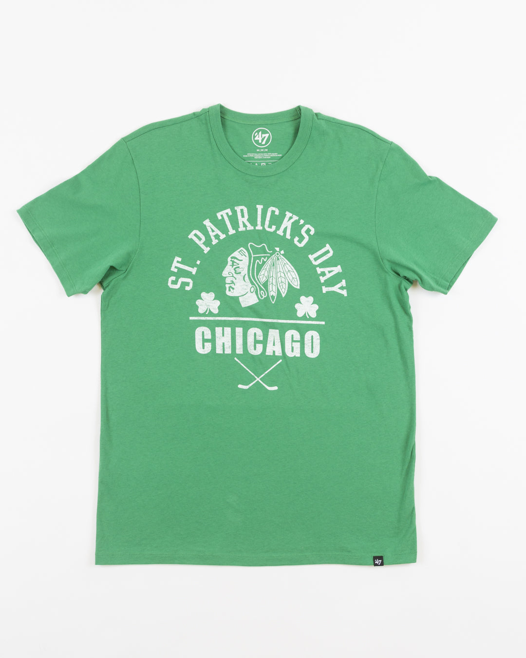 green St. Patrick's Day themed '47 brand short sleeve tee with Chicago Blackhawks primary logo and shamrocks on front - front lay flat