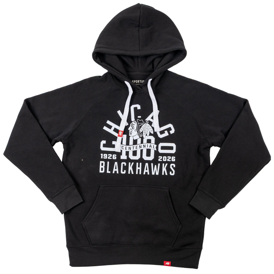 Black hoodie with 'Blackhawks' text on a white background
