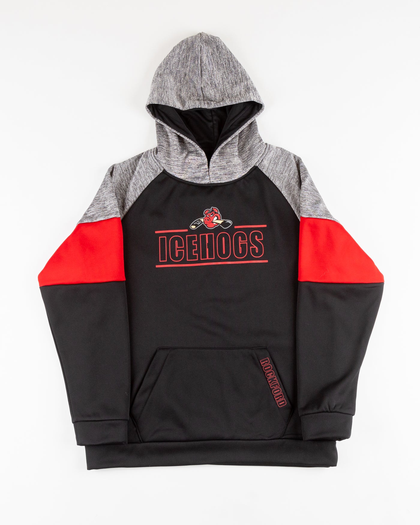 color blocked Colossum youth hoodie with Rockford IceHogs graphic - front lay flat