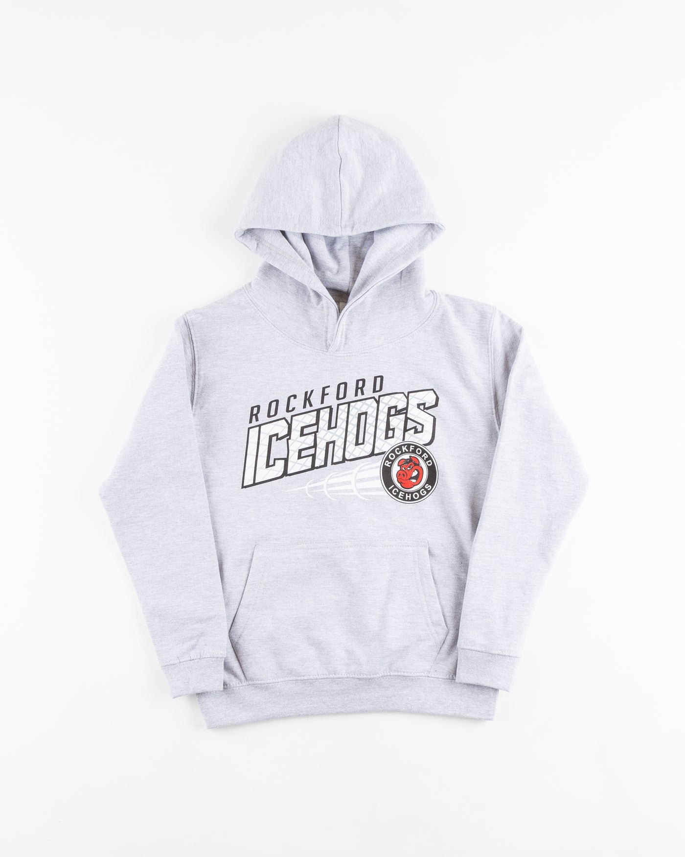 grey youth hoodie with Rockford IceHogs graphic across chest - front lay flat
