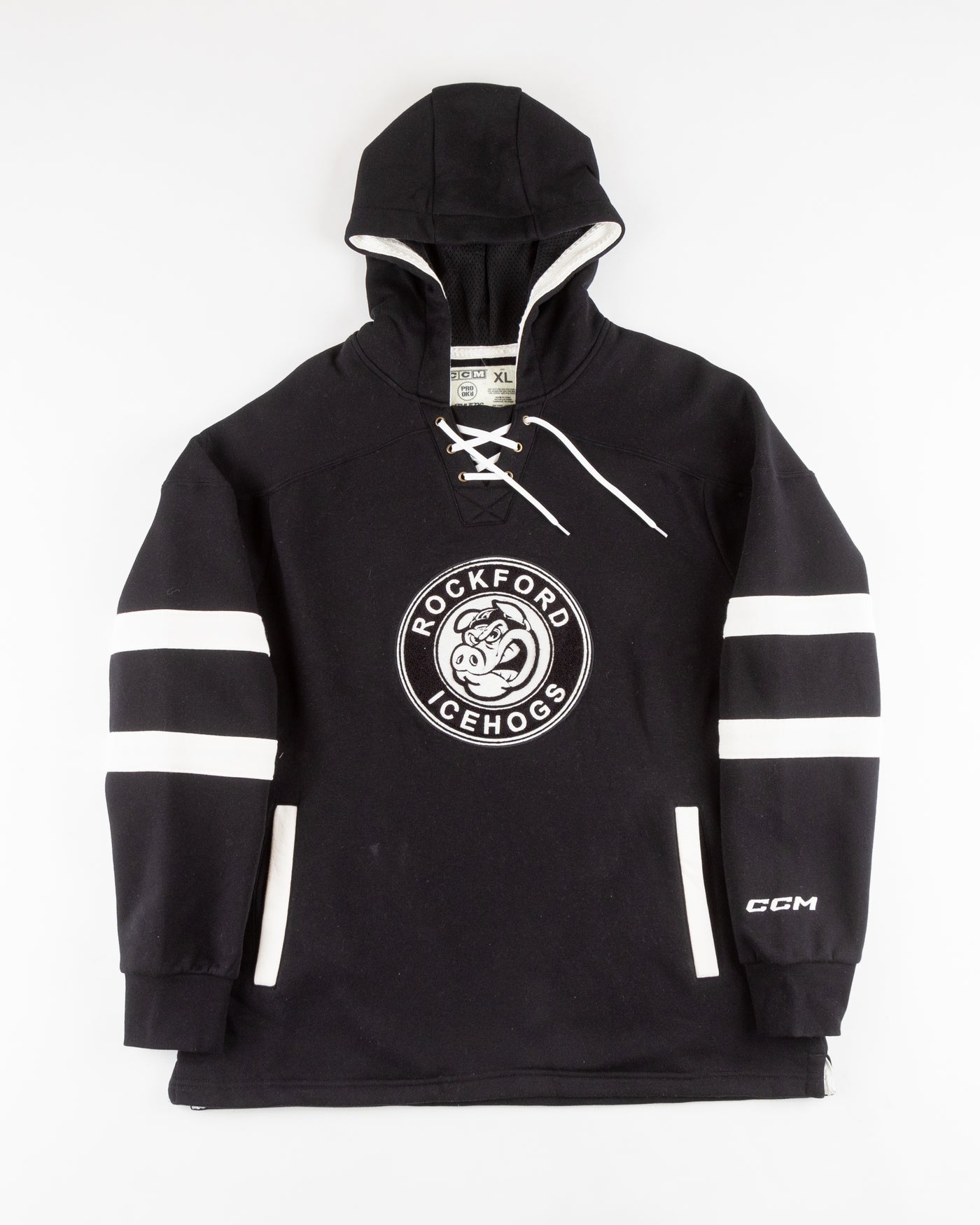 black CCM Rockford IceHogs jersey hoodie - front lay flat