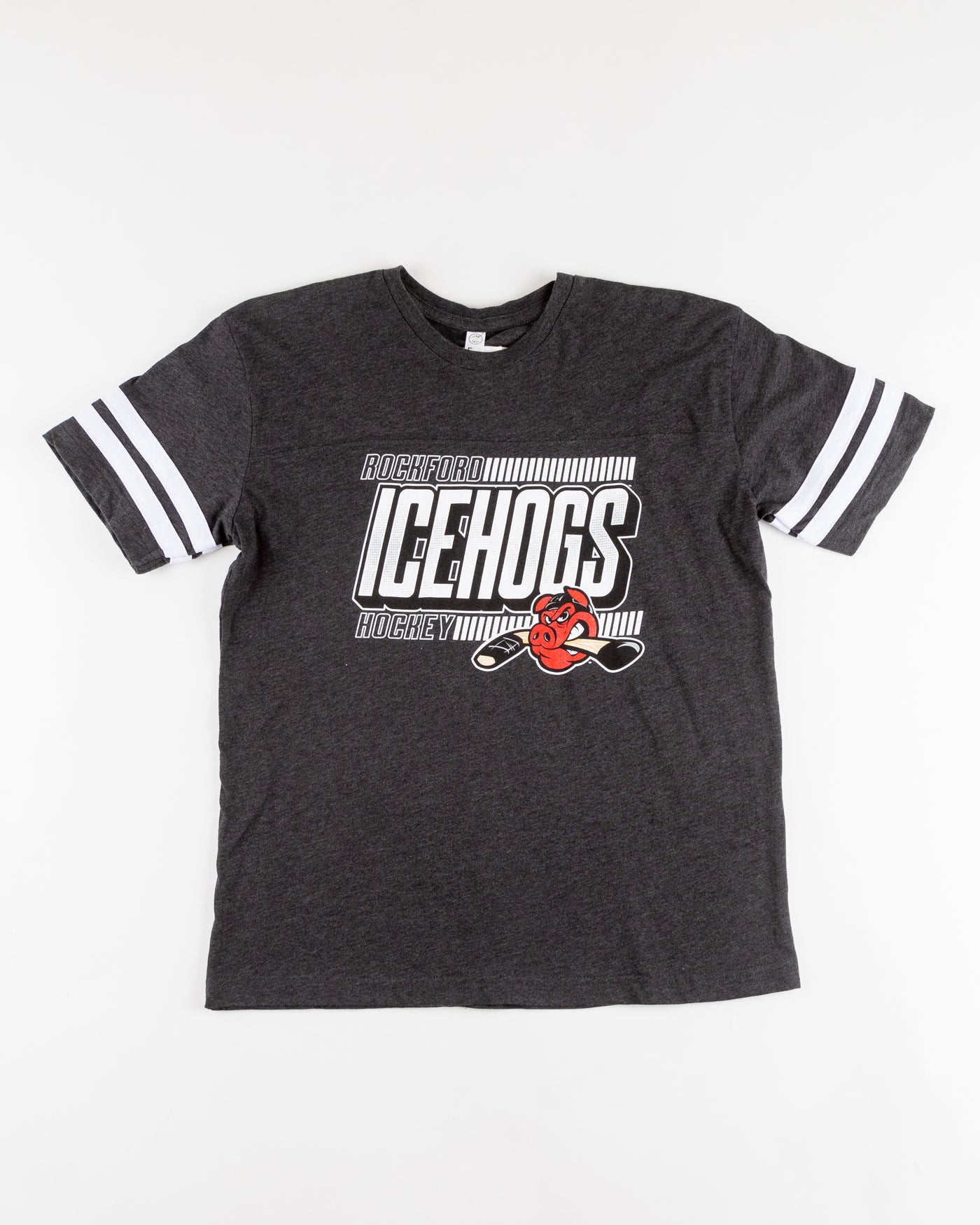 grey Rockford IceHogs youth t-shirt with wordmark across chest - front lay flat