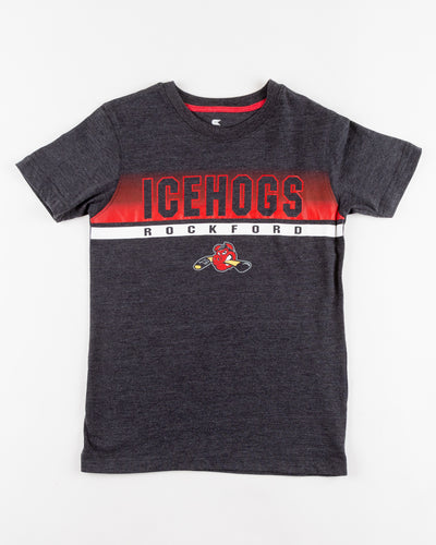 grey youth Colosseum t-shirt with Rockford IceHogs graphic across chest - front lay flat