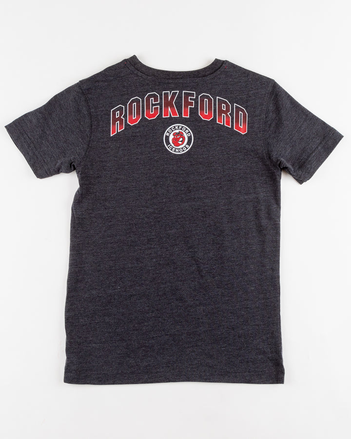 grey youth Colosseum t-shirt with Rockford IceHogs graphic across chest - back lay flat