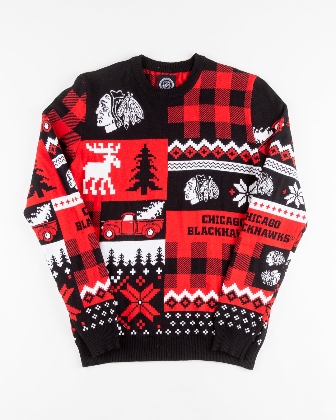 red and black ugly Christmas sweater with Chicago Blackhawks branding - front lay flat