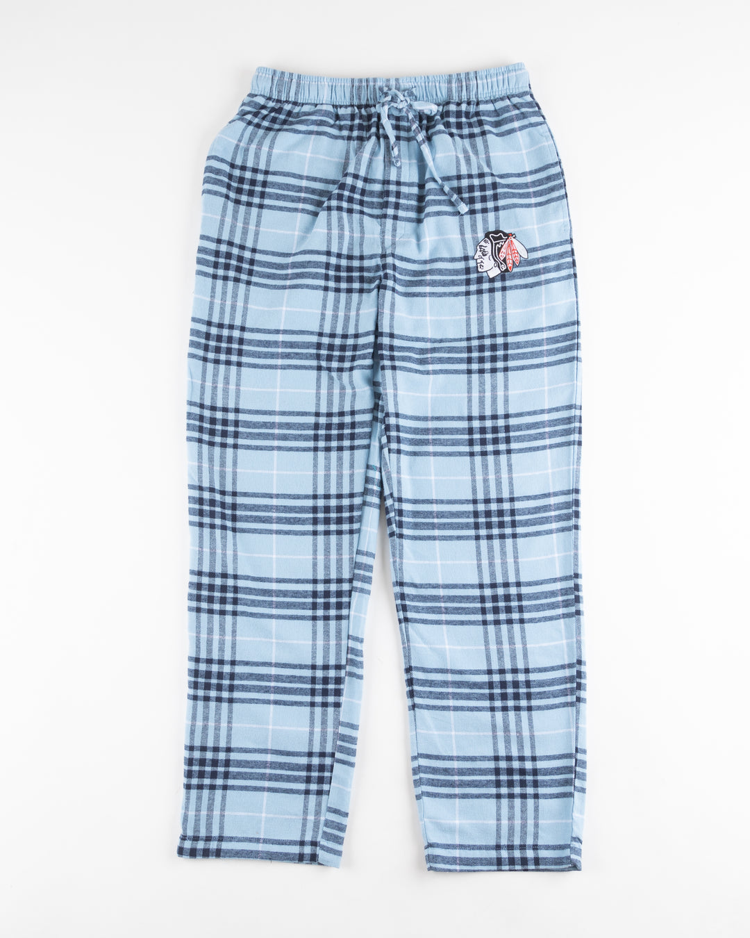 blue flannel pajama pants with tonal Chicago Blackhawks primary logo on left leg - front lay flat