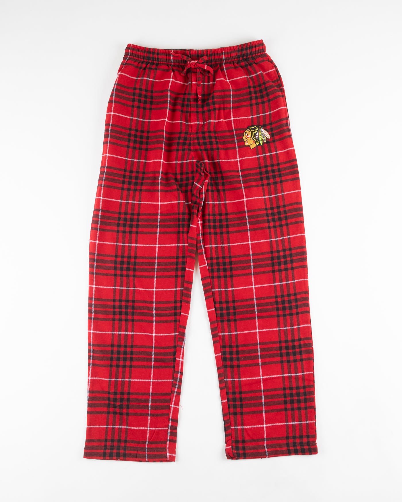 red flannel pajama pants with tonal Chicago Blackhawks primary logo on left leg - front lay flat