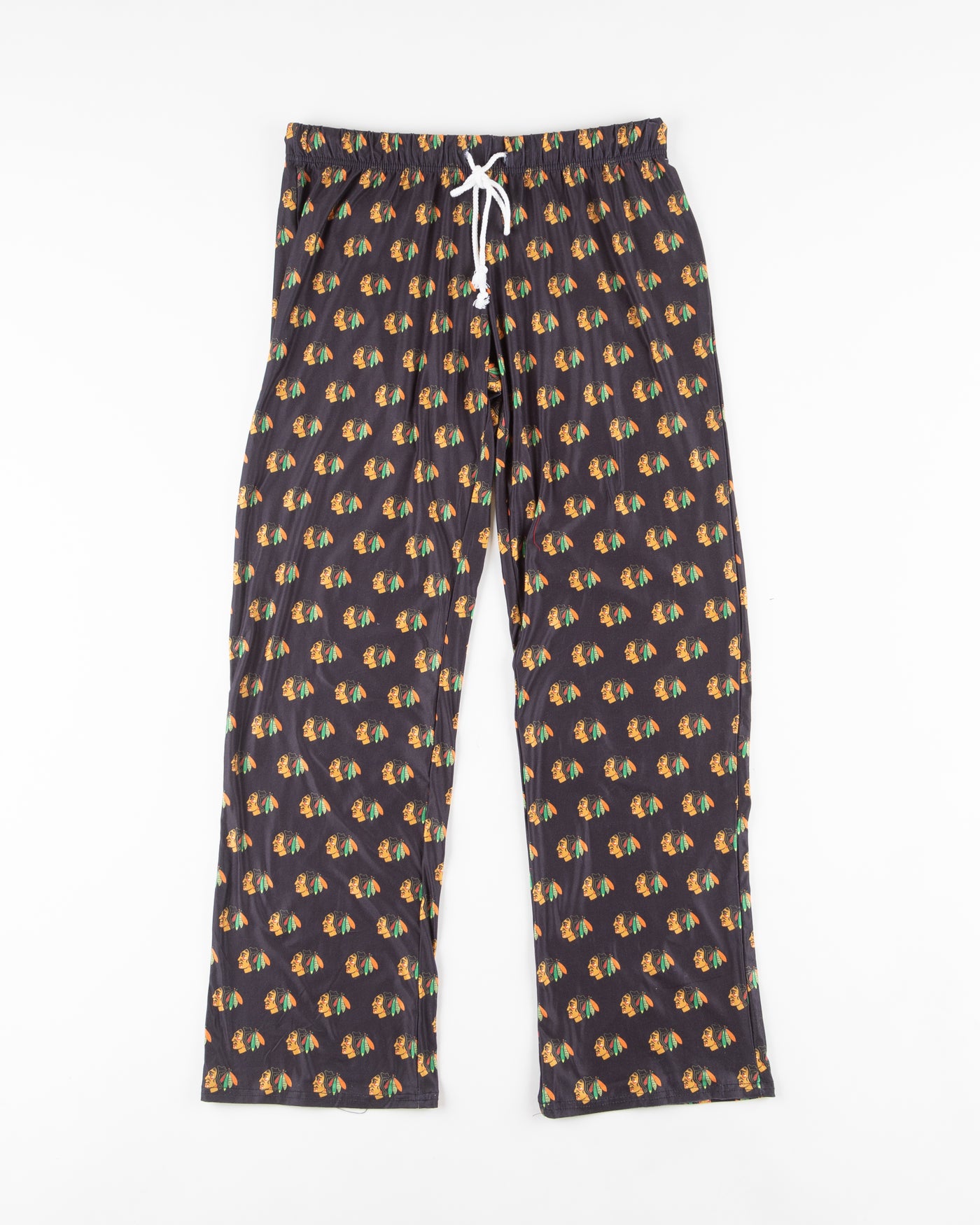 black ladies pajama pants with Chicago Blackhawks primary logo all over - front lay flat