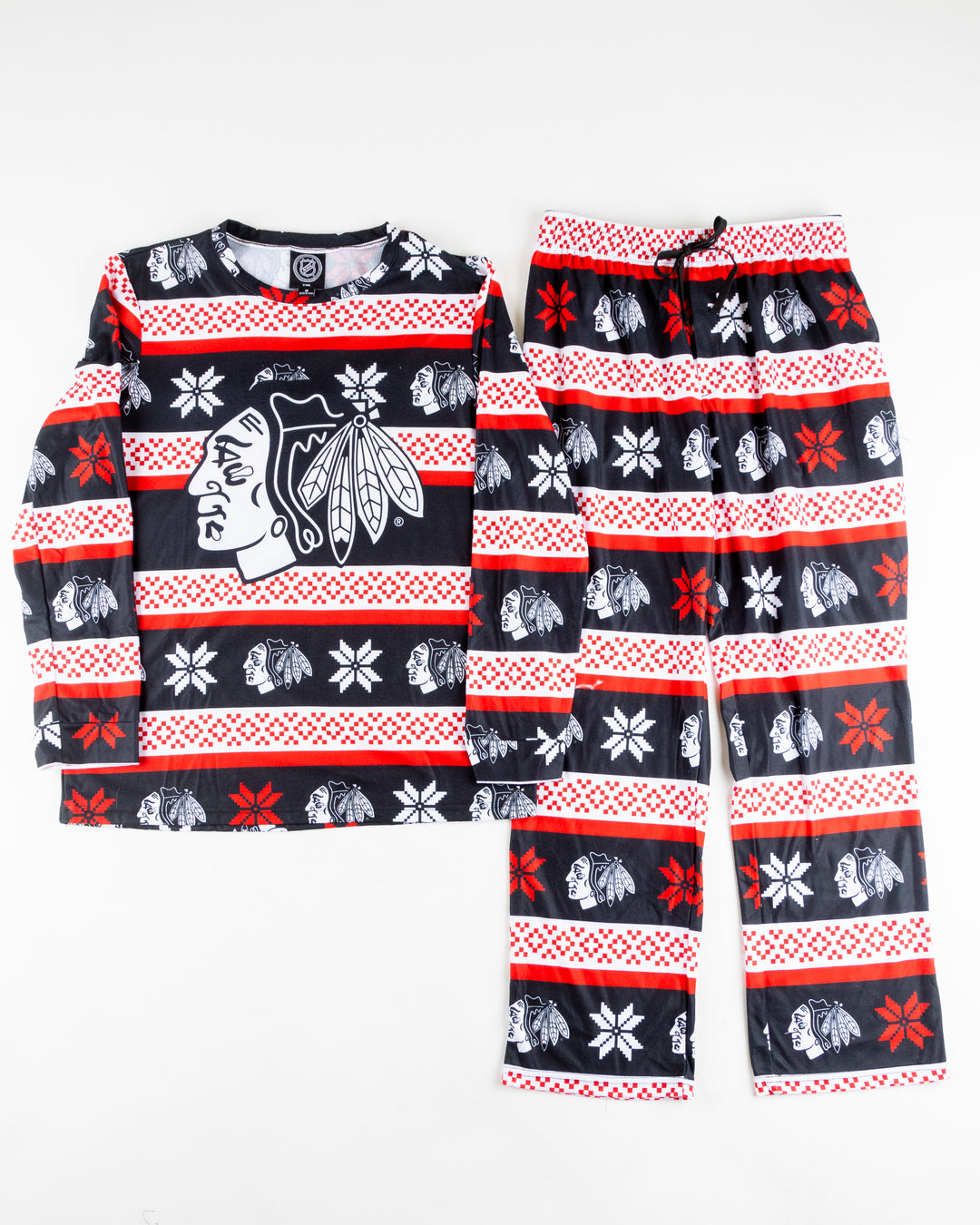 ugly sweater pajamas with Chicago Blackhawk primary logo - front lay flat