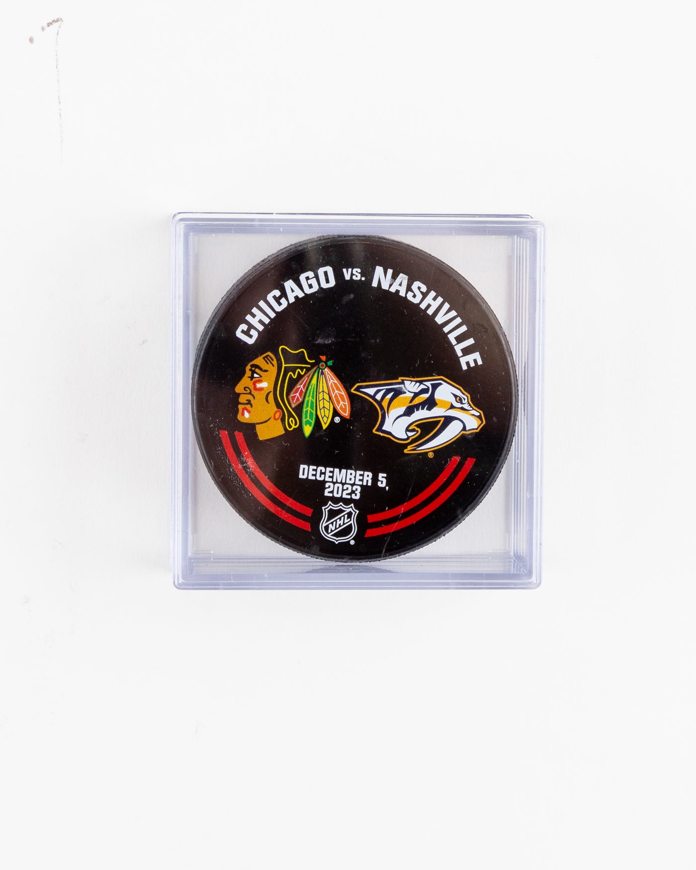 official warm up puck from Chicago Blackhawks vs Nashville Predators game on December5, 2023 - front lay flat