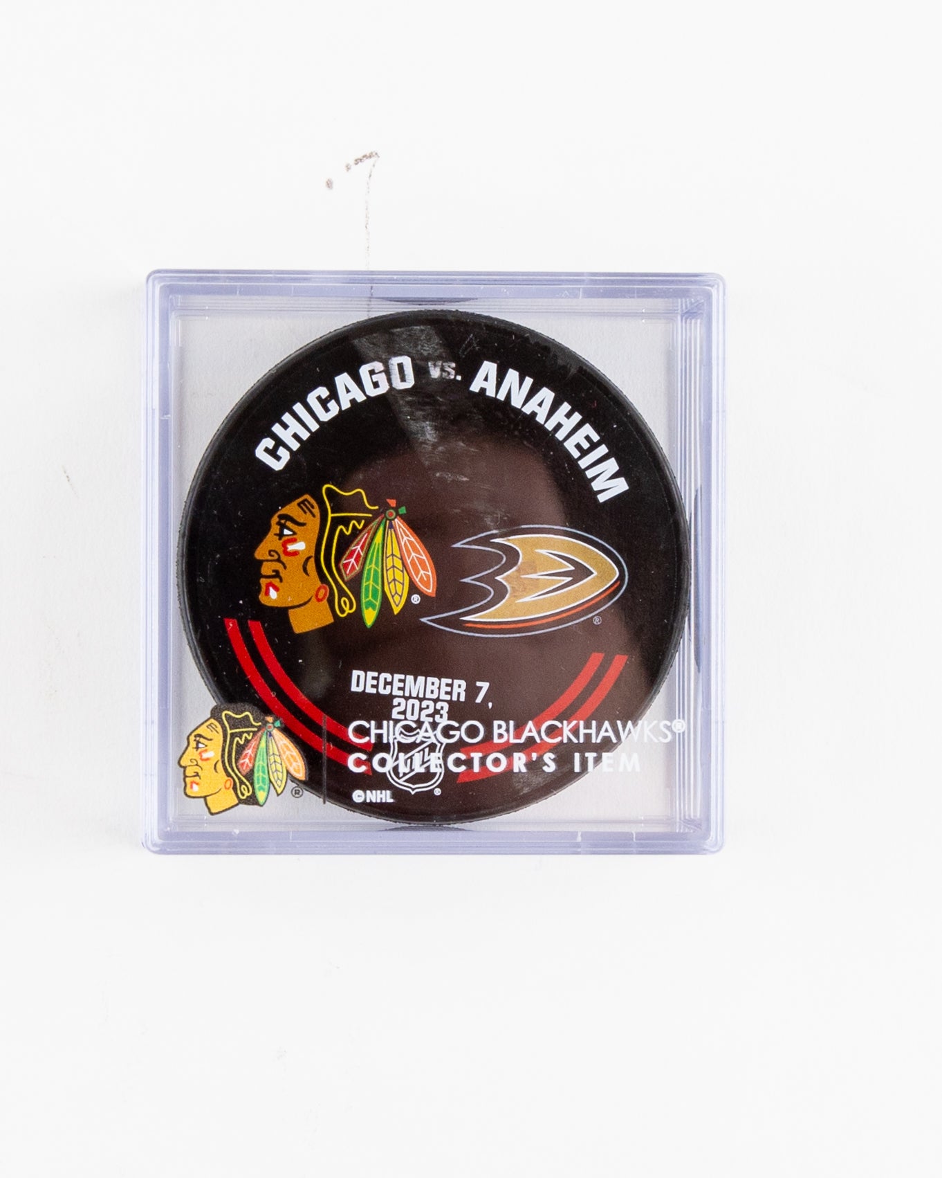 official warm up puck from Chicago Blackhawks vs Anaheim Ducks on December 7, 2023 - front lay flat