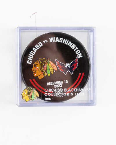 official warm up puck from Chicago Blackhawks vs Washington Capitals game on December 10 2023 - front lay flat