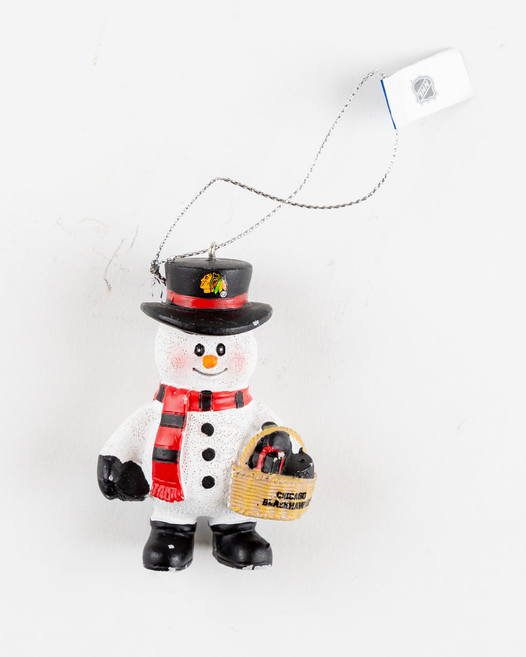 snowman ornament with Chicago Blackhawks branding - front lay flat