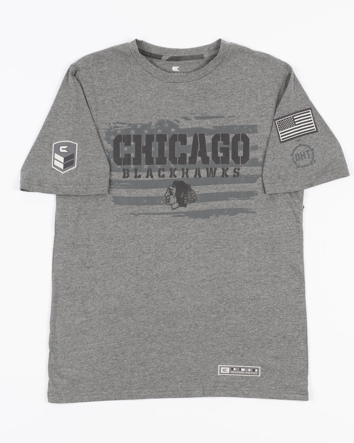 grey Colosseum OHT short sleeve tee with Chicago Blackhawks wordmark and primary logo graphic on front - front lay flat