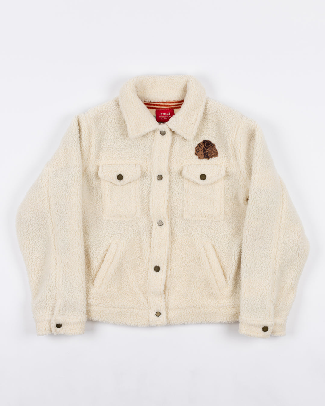 white sherpa Sportiqe jacket with tonal Chicago Blackhawks primary logo on left chest - front lay flat