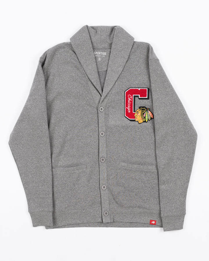 grey Sportiqe cardigan with Chicago Blackhawks C and primary logo embroidered on left chest - front lay flat