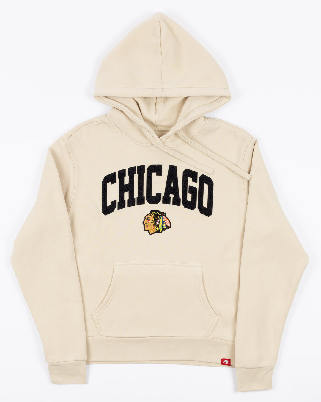 cream Sportiqe hoodie with Chicago wordmark and primary Chicago Blackhawks logo on front - front lay flat