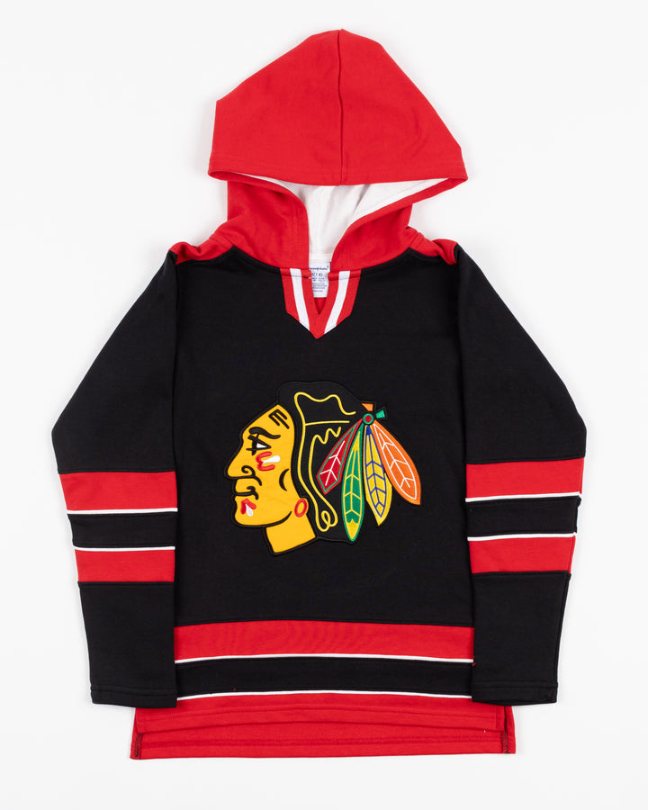 youth Champion jersey hoodie with Chicago Blackhawks primary logo on front and wordmark on back - front lay flat