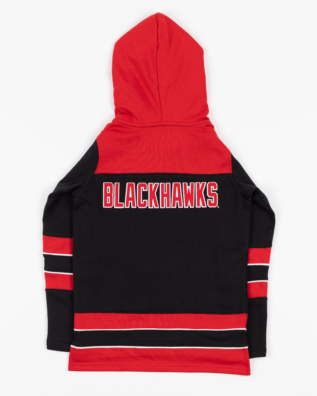 youth Champion jersey hoodie with Chicago Blackhawks primary logo on front and wordmark on back - back lay flat