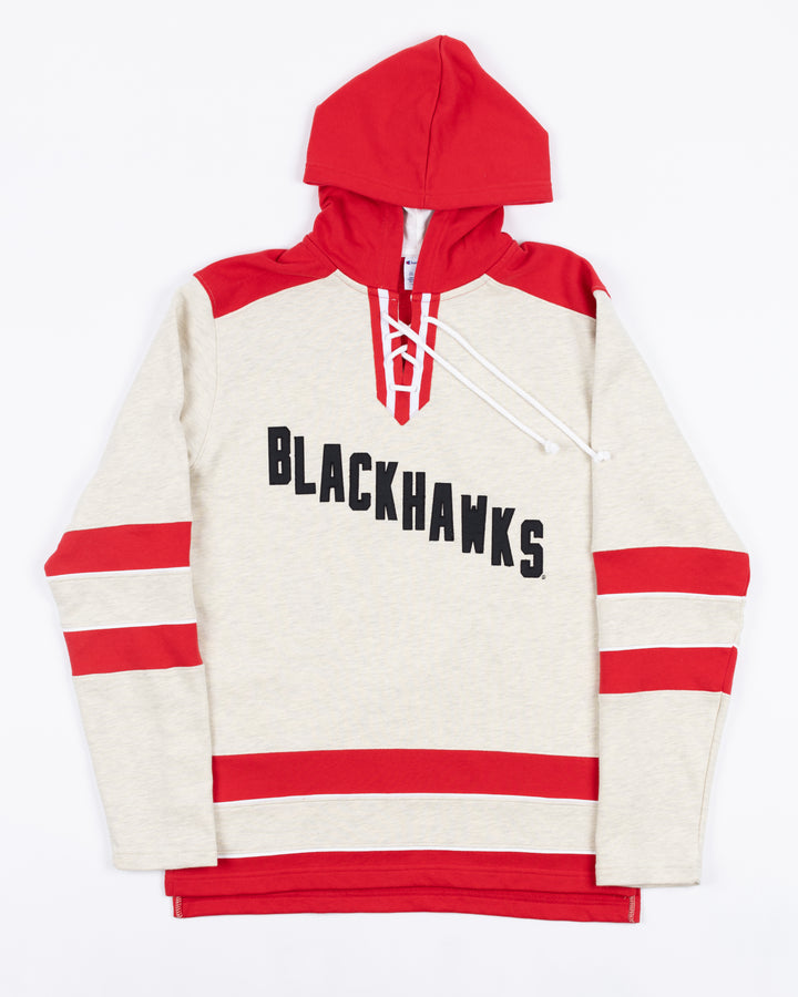 cream and red Champion hoodie with Chicago Blackhawks diagonal wordmark across front - front lay flat