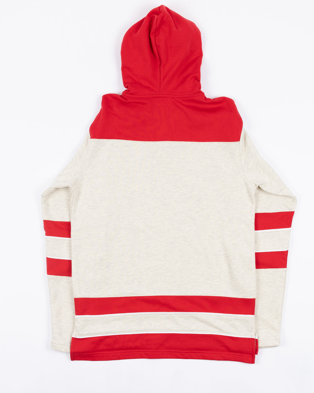 cream and red Champion hoodie with Chicago Blackhawks diagonal wordmark across front - back lay flat