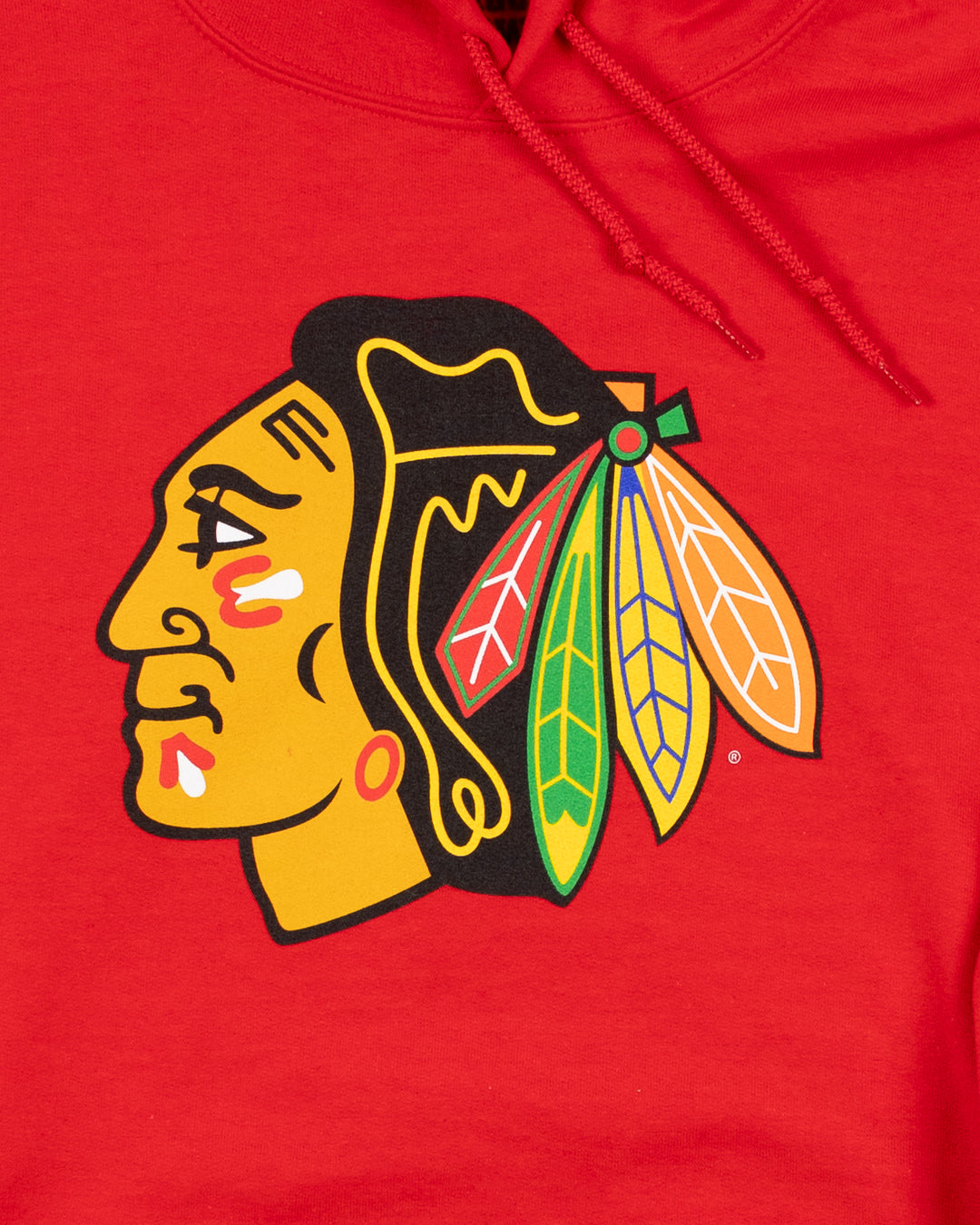 red hoodie with Chicago Blackhawks primary logo on front and secondary logo on left cuff - front detail lay flat