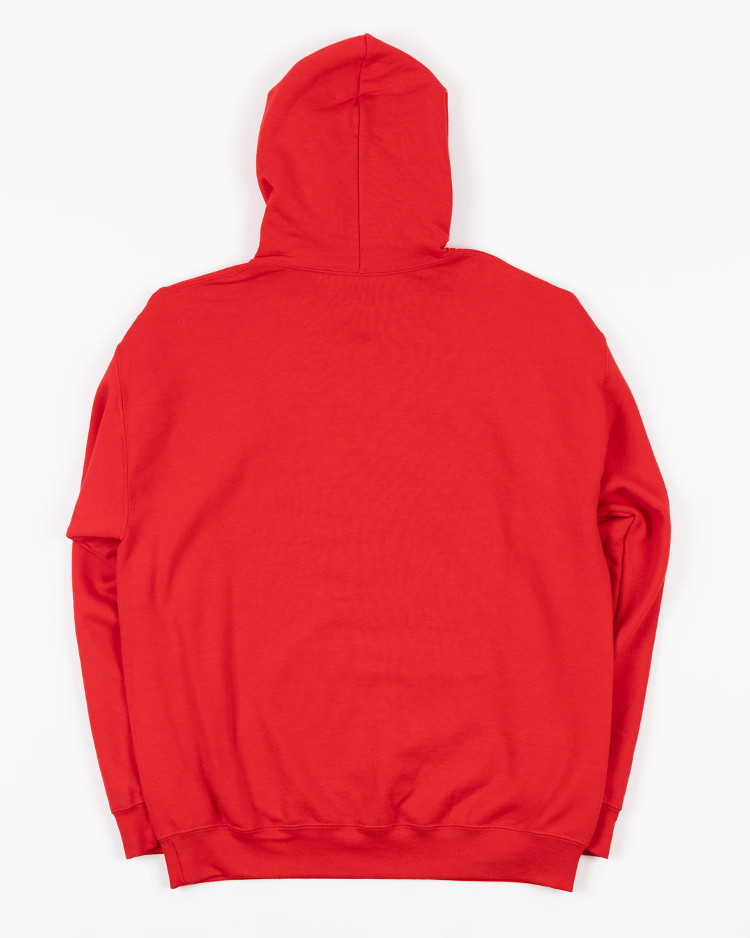 red hoodie with Chicago Blackhawks primary logo on front and secondary logo on left cuff - back lay flat