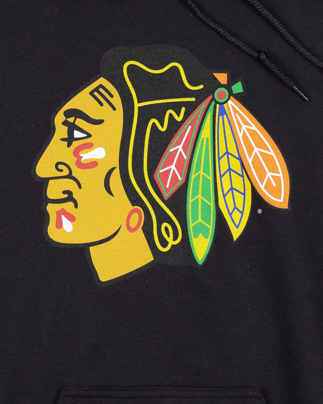 black hoodie with Chicago Blackhawks primary logo printed on front and secondary logo on left cuff - front detail lay flat