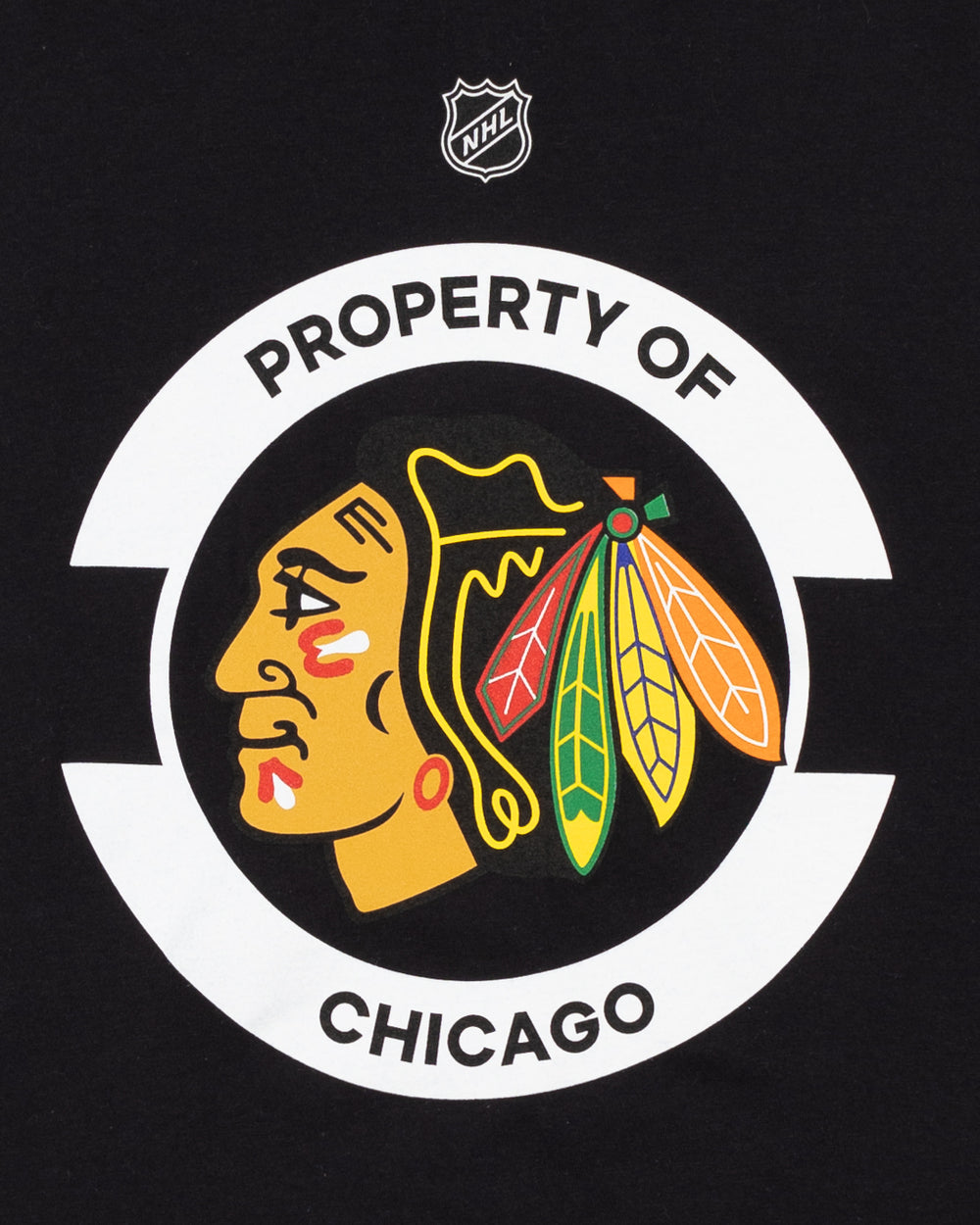 black Fanatics short sleeve tee with Chicago Blackhawks primary logo and Property of Chicago design - front detail lay flat