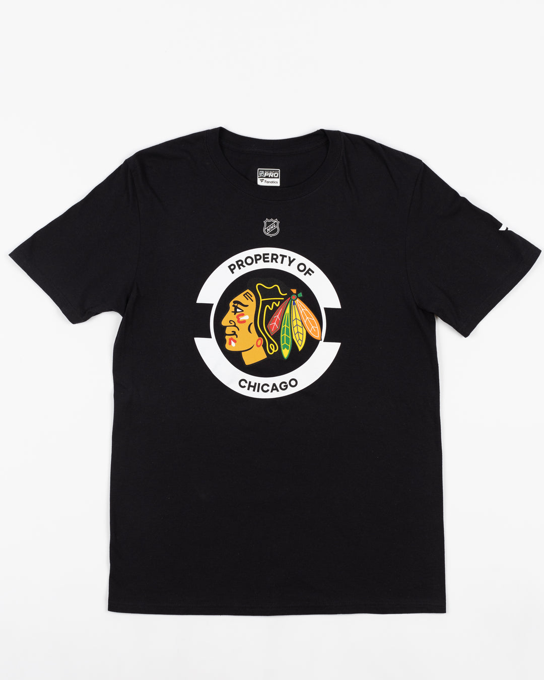 black Fanatics short sleeve tee with Chicago Blackhawks primary logo and Property of Chicago design - front lay flat