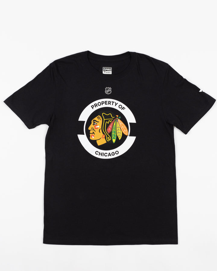 black Fanatics short sleeve tee with Chicago Blackhawks primary logo and Property of Chicago design - front lay flat