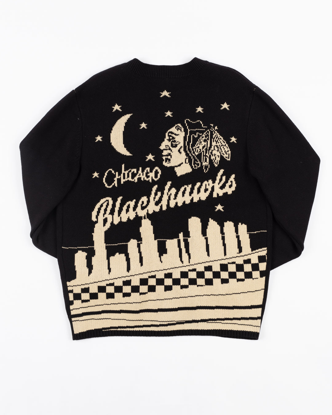 black Wild Collective button down cardigan with Chicago Blackhawks secondary logo on left chest and primary logo in Chicago skyline design on back - back lay flat