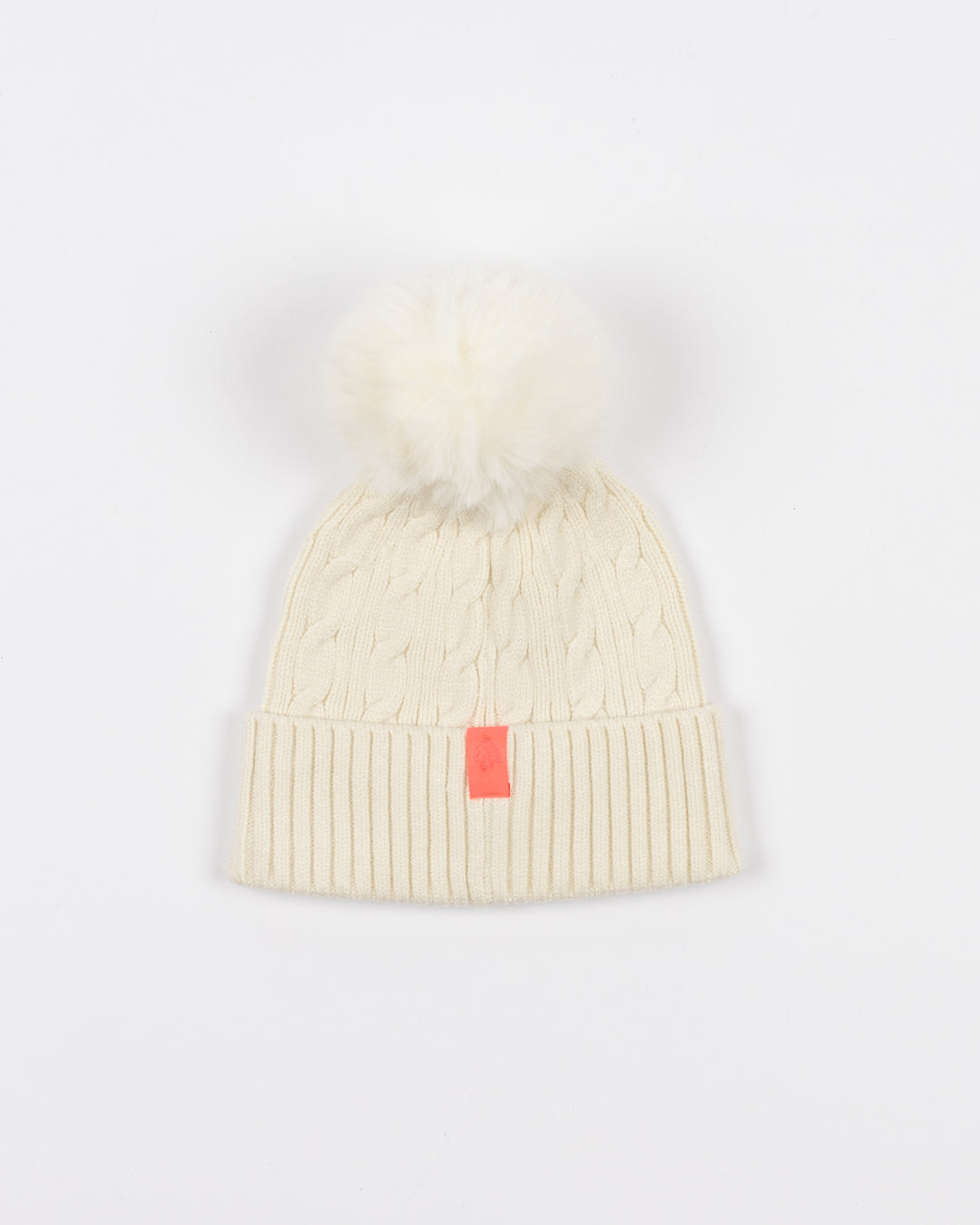 white Lusso knit beanie with white pom and tonal Chicago Blackhawks primary logo on front cuff - back lay flat