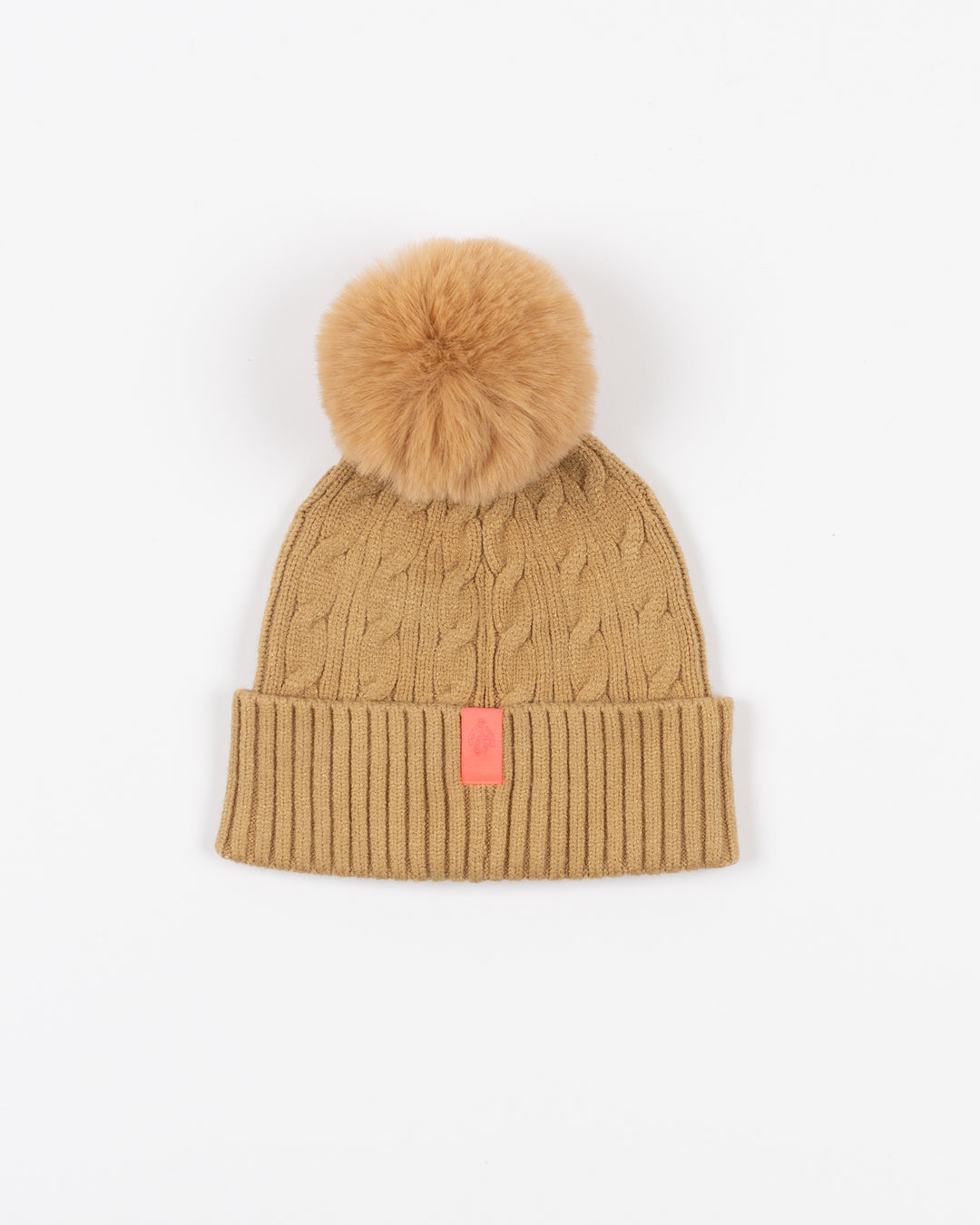 tan Lusso knit beanie with tan pom and tonal Chicago Blackhawks primary logo on front - back lay flat