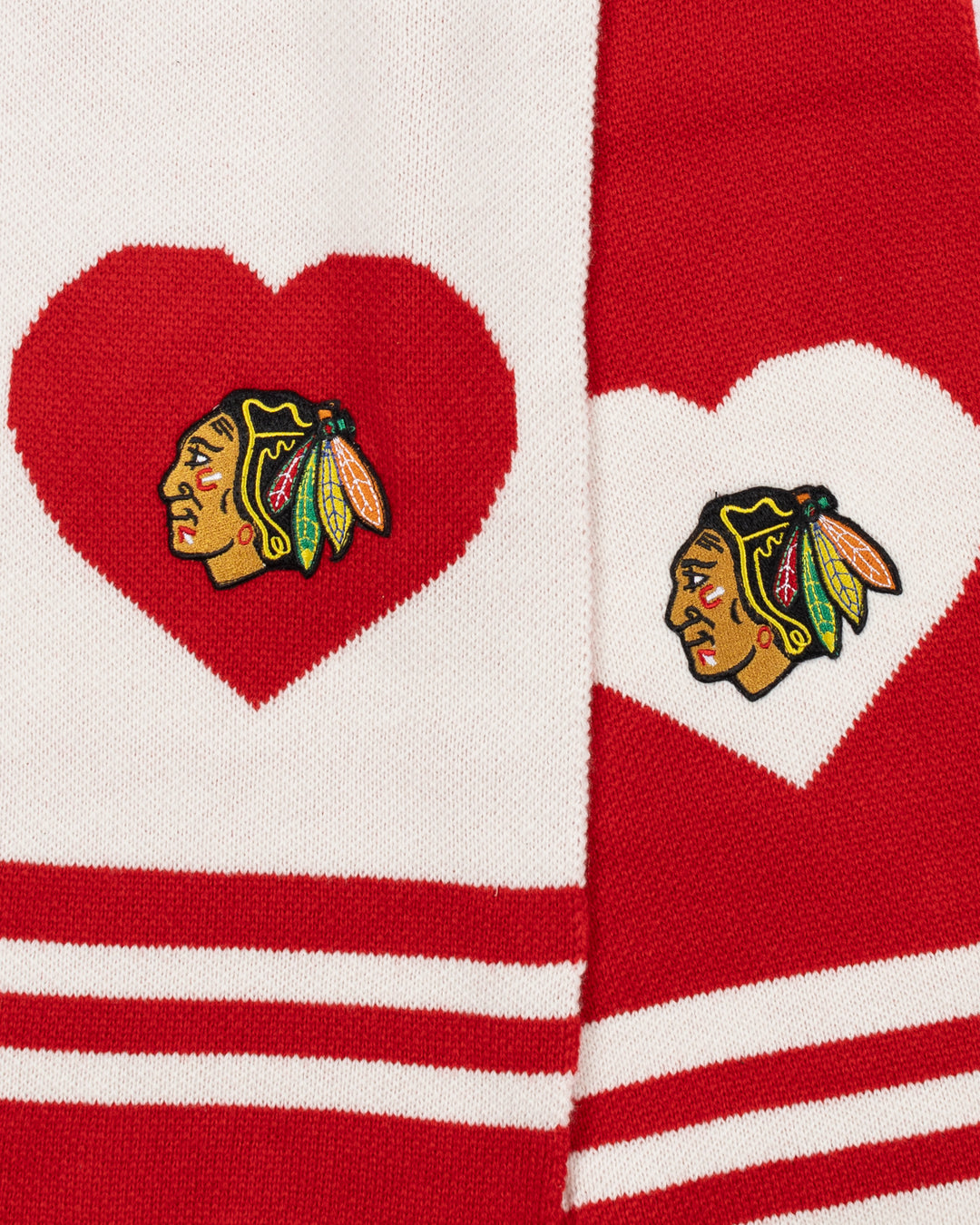 red and white scarf with Chicago Blackhawks primary logo design from Lusso - detail shot