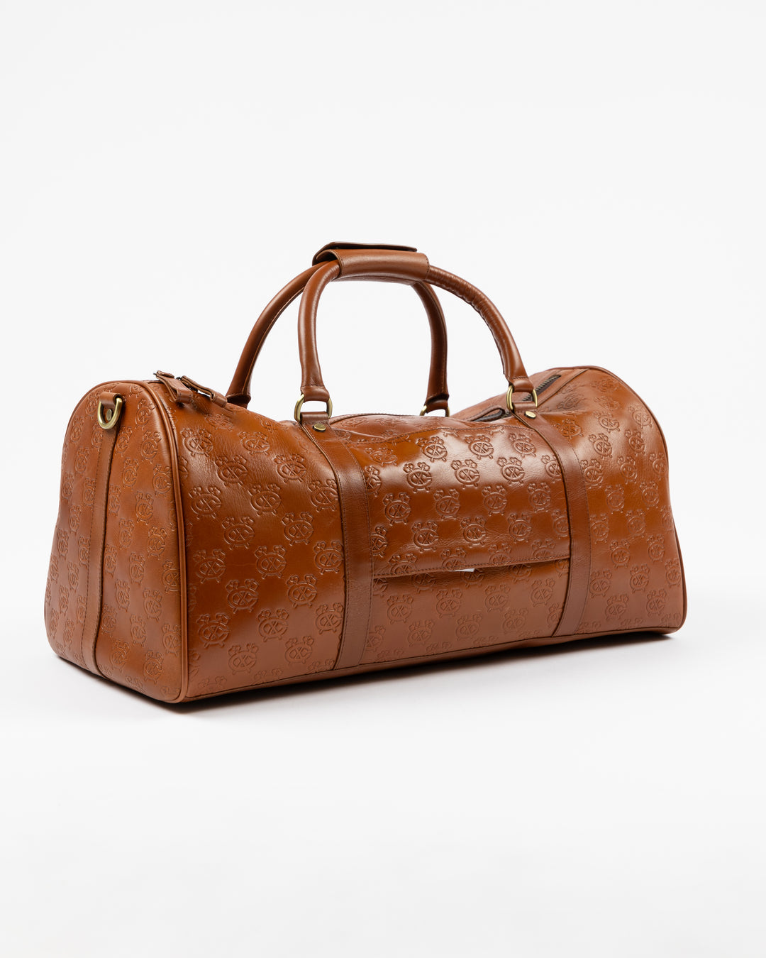 Lusso brown genuine leather duffle bag with embossed Chicago Blackhawks secondary logos throughout - right angle lay flat