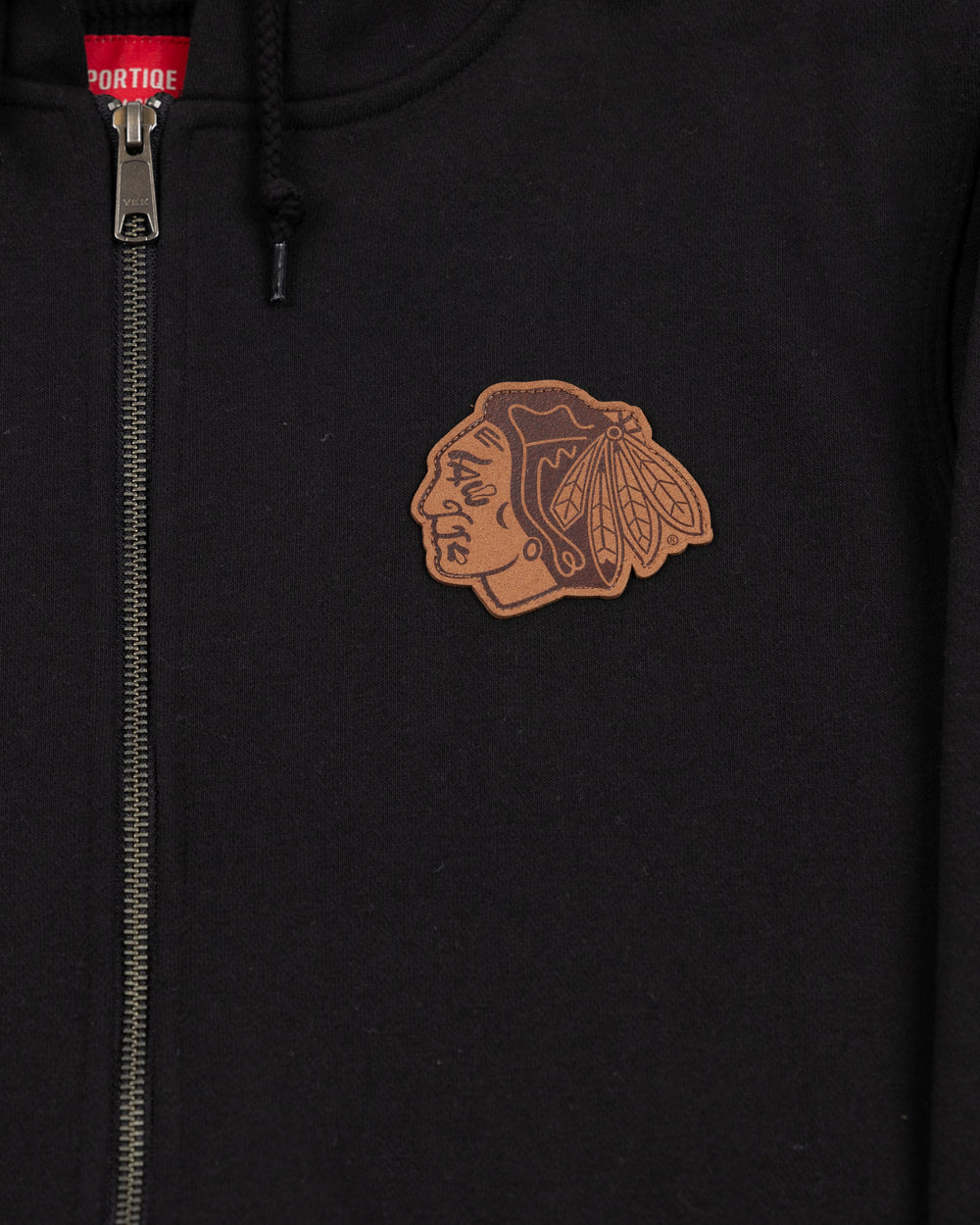 black Sportiqe hoodie with brown tonal Chicago Blackhawks primary logo on left chest - front detail lay flat