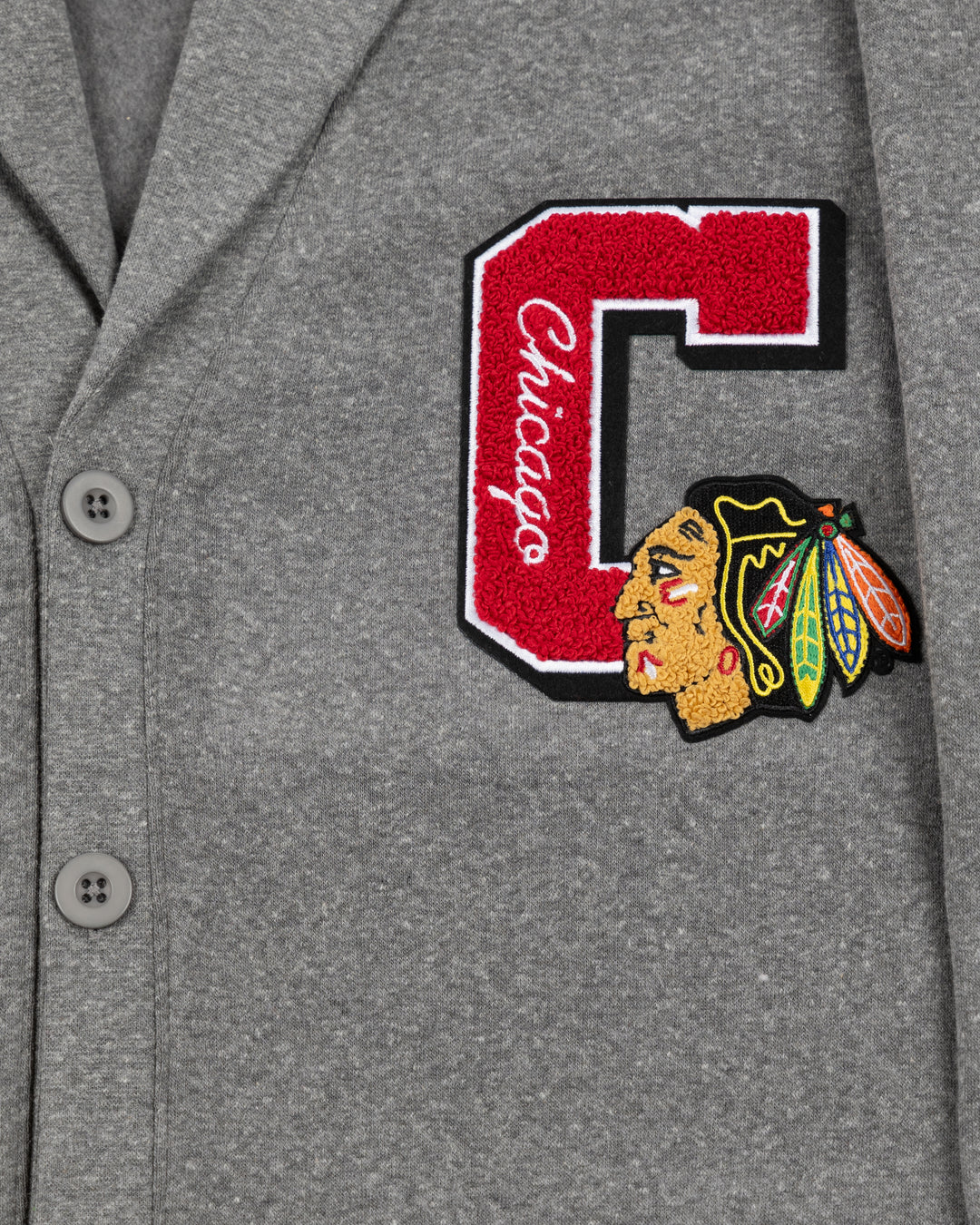 grey Sportiqe cardigan with Chicago Blackhawks C and primary logo embroidered on left chest - front detail lay flat