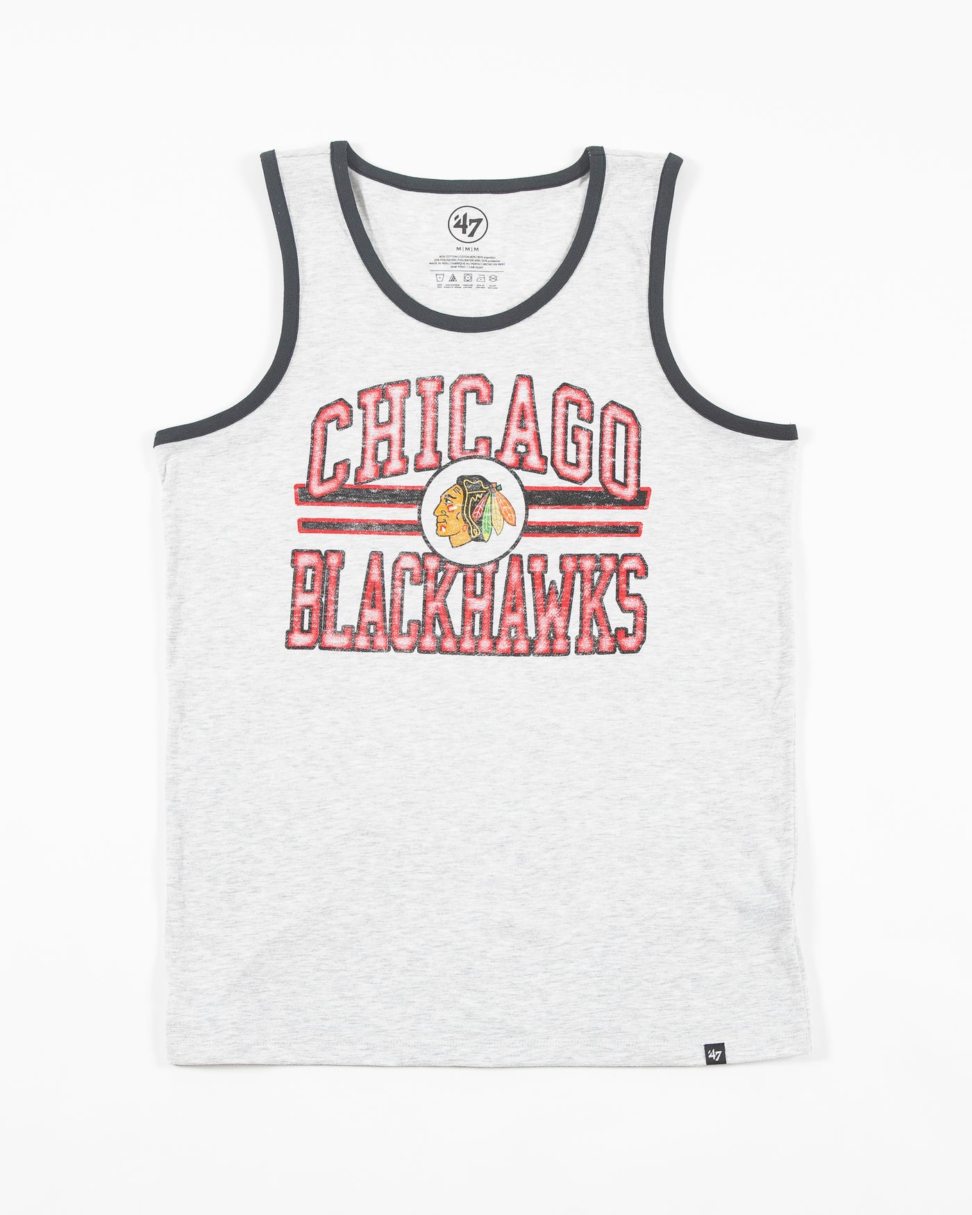 '47 brand grey tank with Chicago Blackhawks distressed vintage graphic across front and contrasting color trim - front lay flat