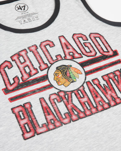 '47 brand grey tank with Chicago Blackhawks distressed vintage graphic across front and contrasting color trim - detail lay flat