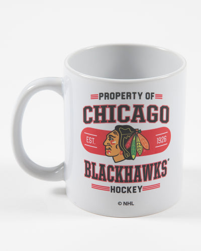 white Chicago Blackhawks property of mug with wordmark graphic across front - front lay flat