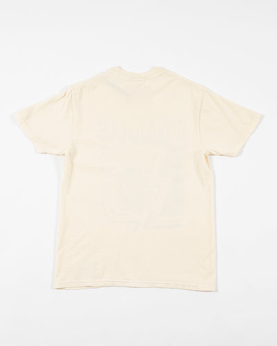 cream Mitchell & Ness short sleeve tee with Chicago Blackhawks sketch graphic across front - back lay flat