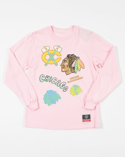 Mitchell & Ness pink long sleeve tee with Chicago Blackhawks multi logo design - front lay flat