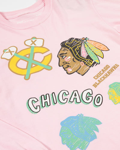 Mitchell & Ness pink long sleeve tee with Chicago Blackhawks multi logo design - detail lay flat