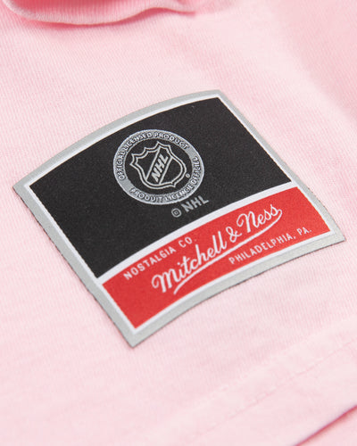 Mitchell & Ness pink long sleeve tee with Chicago Blackhawks multi logo design - alt detail lay flat