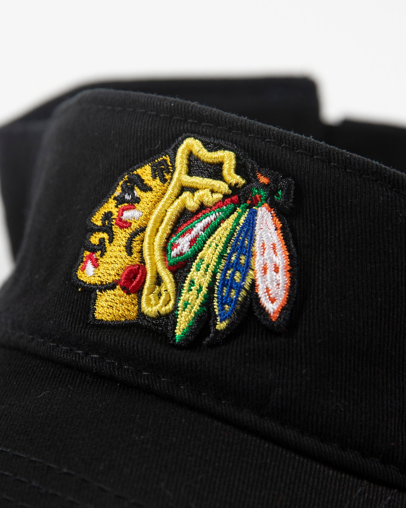 black '47 visor with Chicago Blackhawks primary logo embroidered on front - detail lay flat
