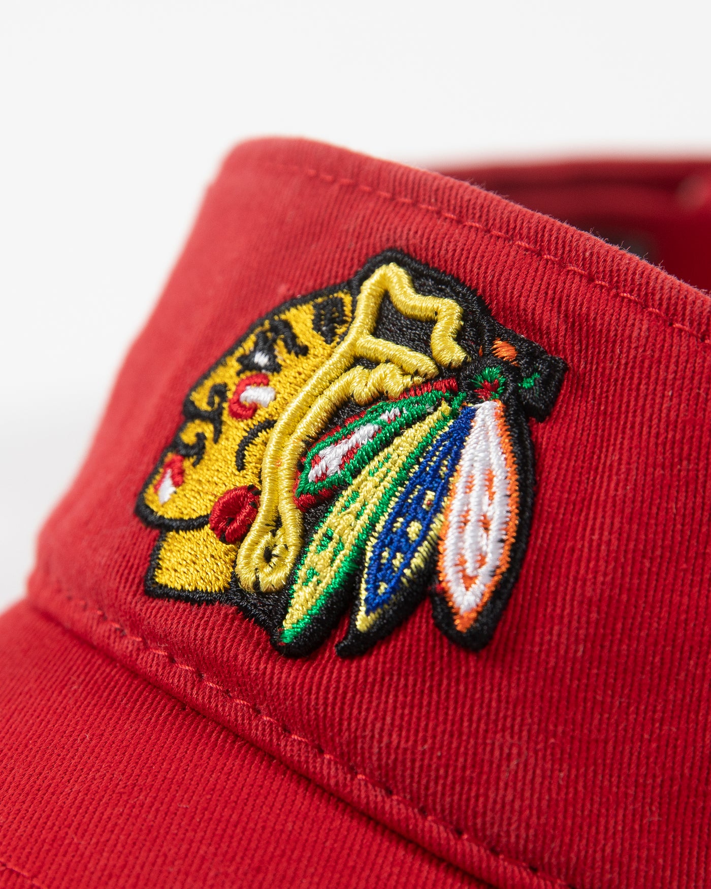 red '47 brand visor with Chicago Blackhawks primary logo embroidered on front - detail lay flat
