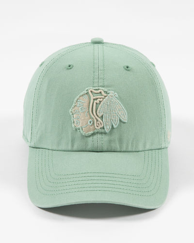 '47 brand green adjustable clean up cap with Chicago Blackhawks tonal primary logo embroidered on front with distress detailing - front lay flat