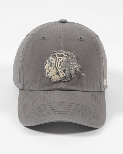 '47 brand grey adjustable clean up cap with Chicago Blackhawks tonal primary logo with distressed details - front lay flat